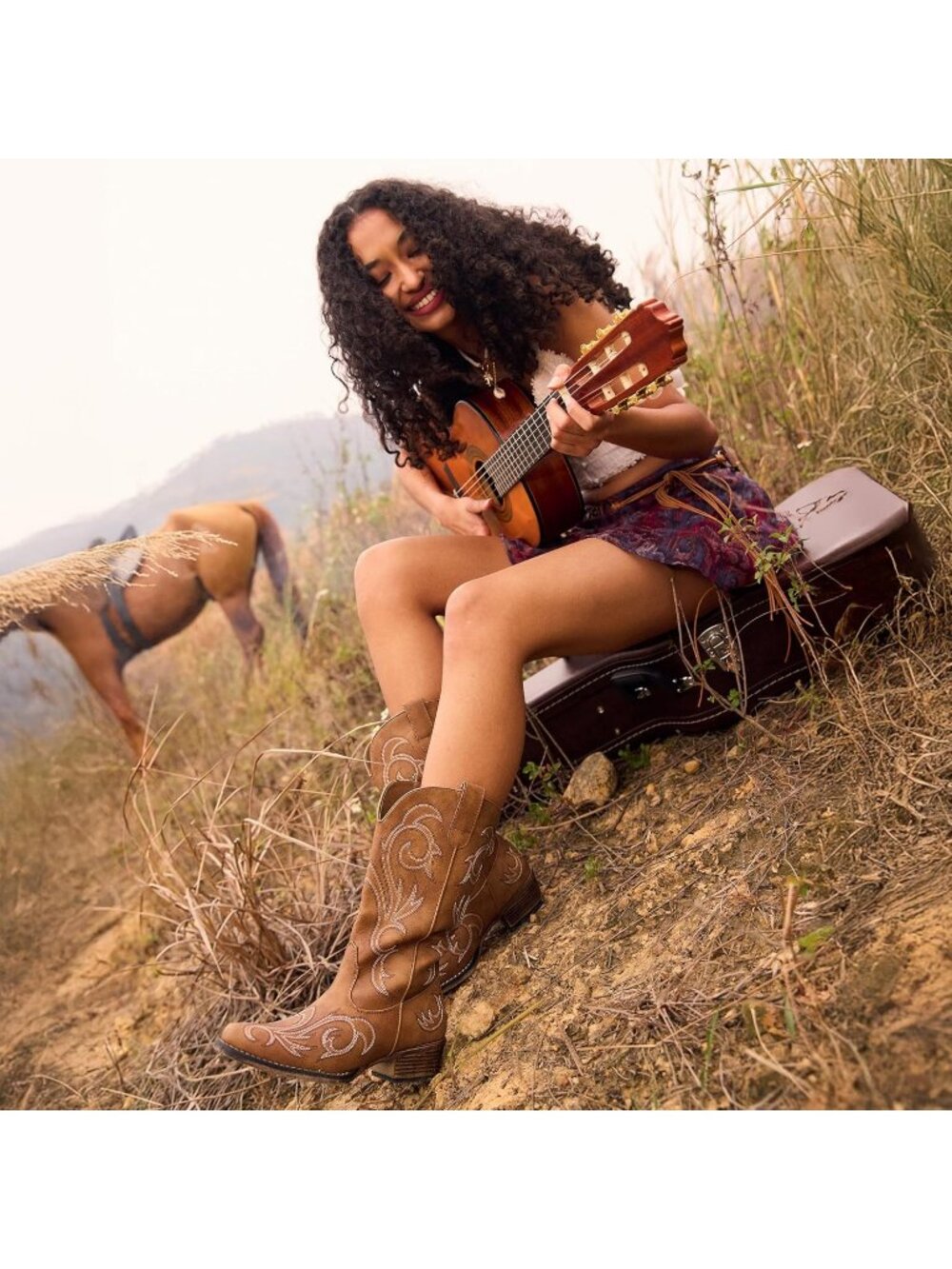 Woman's Tan Square Toe Embroidery Stitched Chunky Heel Mid Calf Cowgirl Boots - Picture 2 of 6